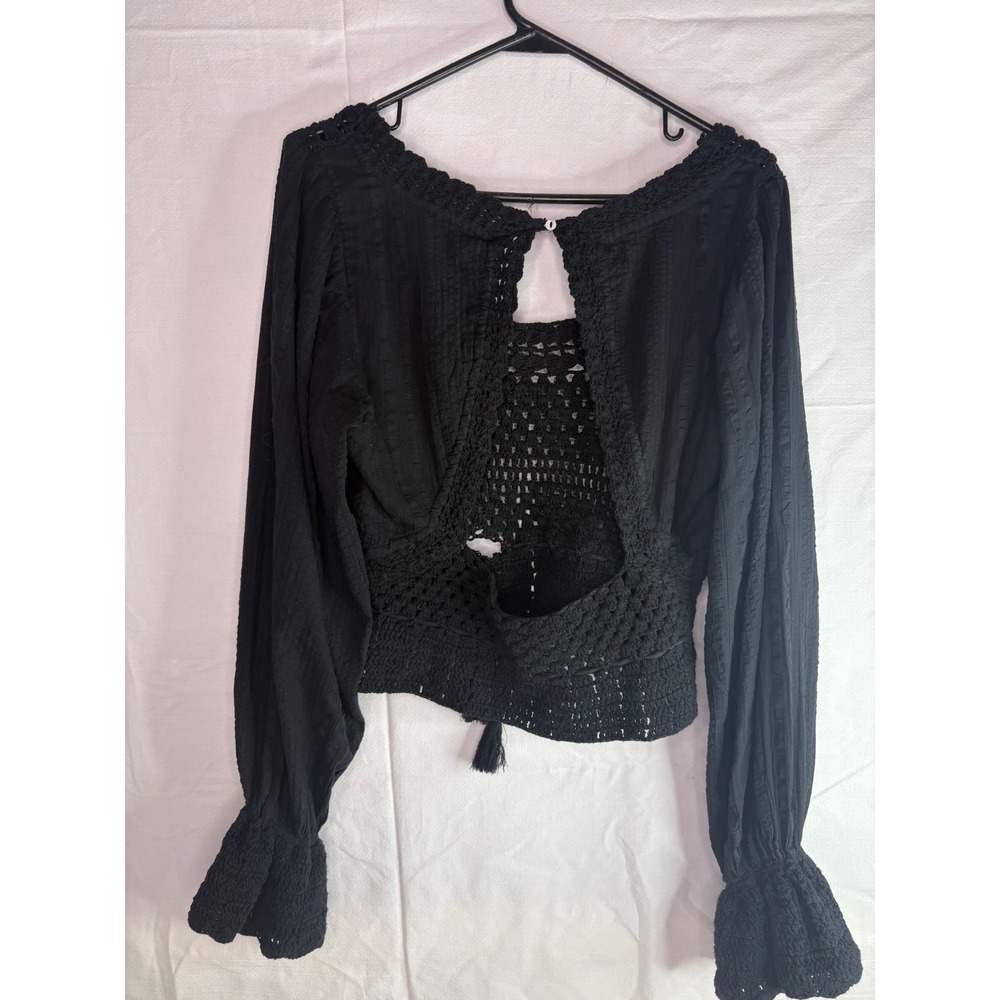 Free People Black Crochet Knit Long Sleeve Open Back Tie Crop Top Women's M - Picture 8 of 10